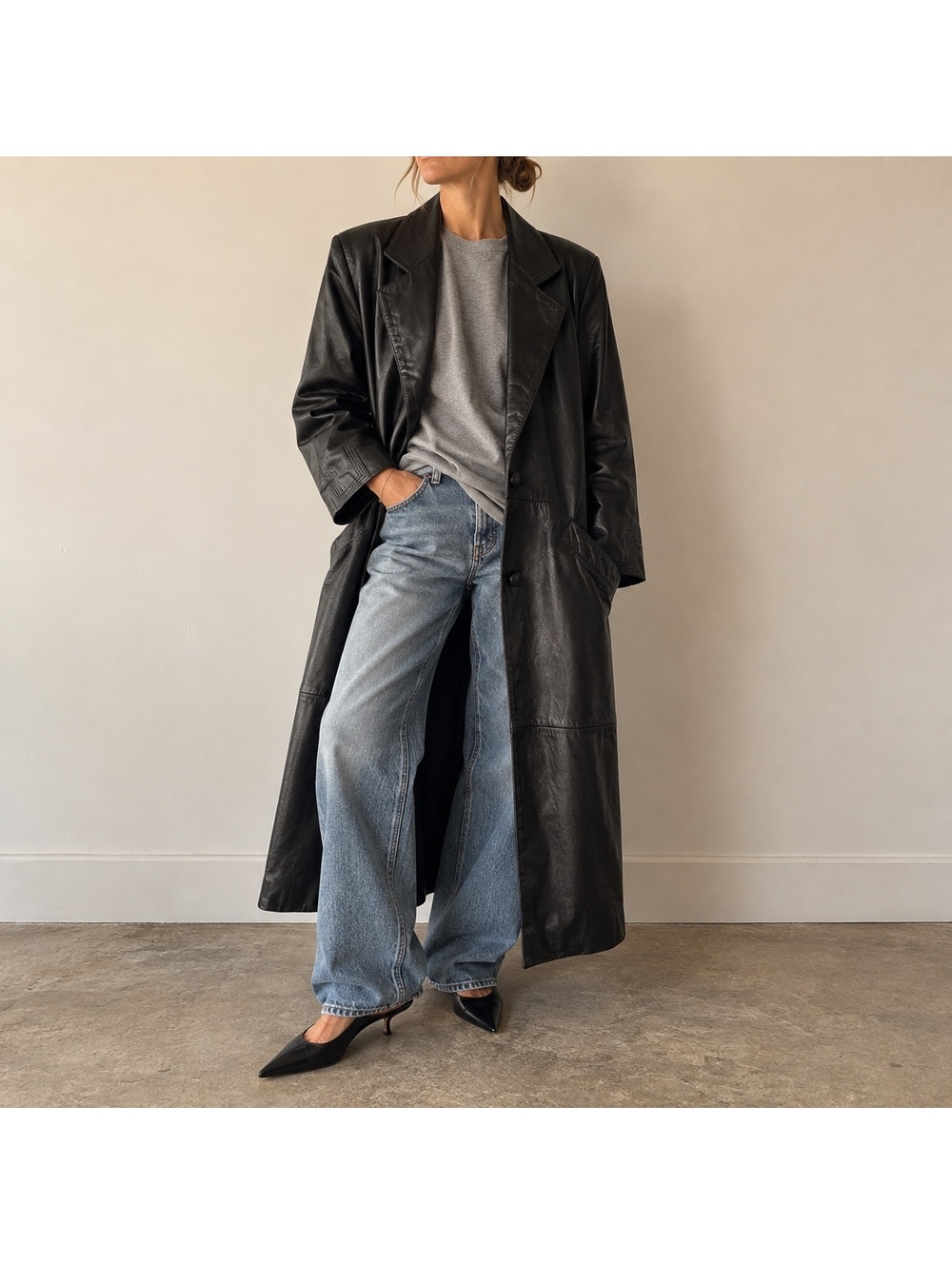 Vintage G III Black Leather Longline Trench Blazer Coat Women’s S